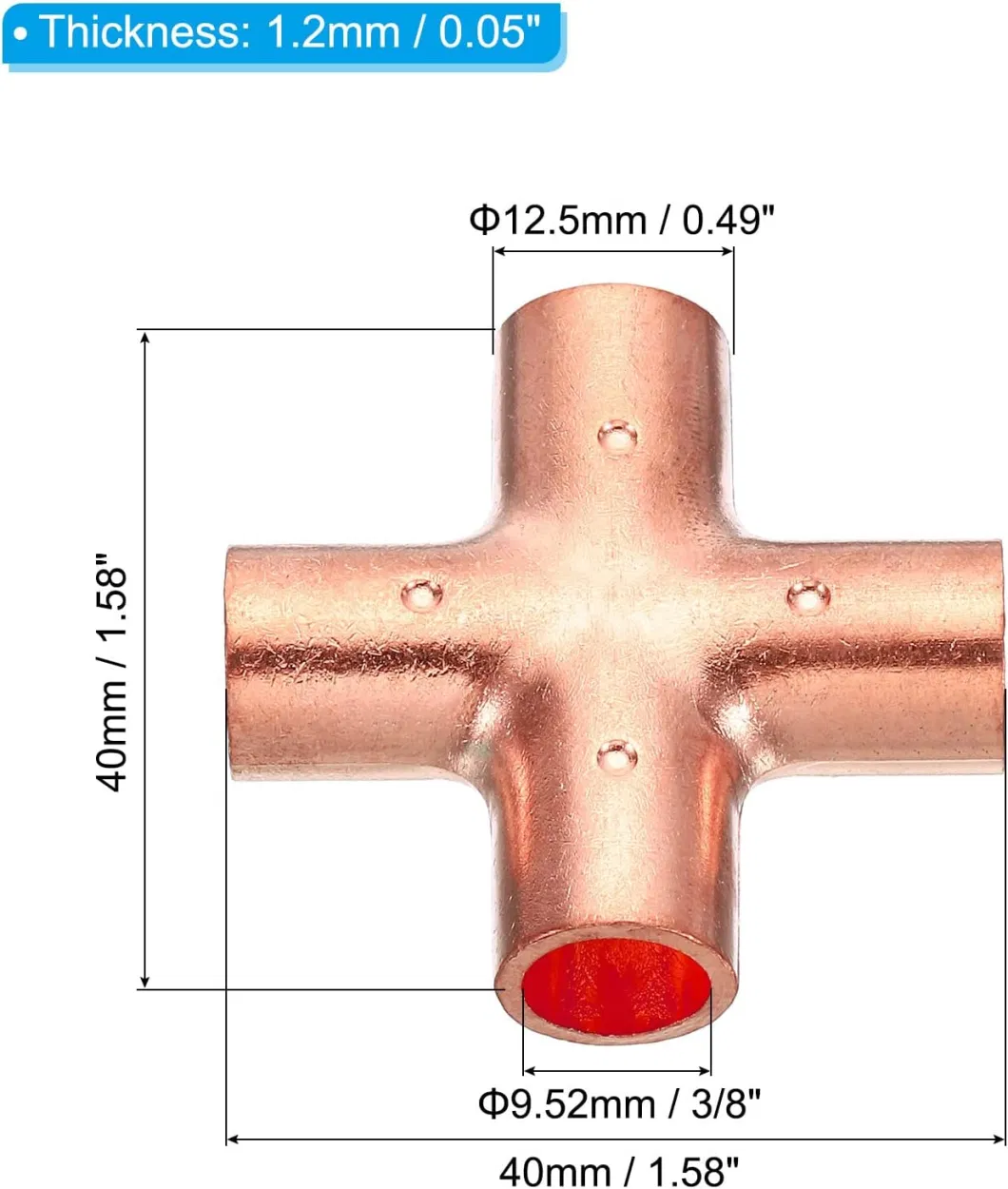 3/8 Inch ID Copper Union Cross Pipe Fitting, 4 Way Welding Copper End Feed Equal Pipe Connector for Plumbing Air Conditioning Refrigeration Gas Water Oil